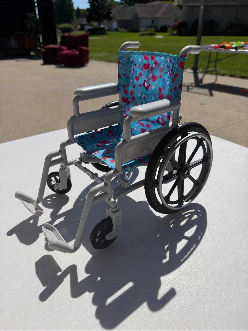White Frame Doll Wheelchair with Blue Heart Patterned Seat - Kids Toy